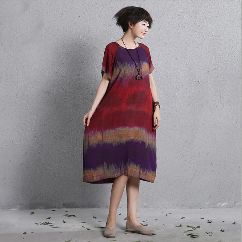 

Women Vintage Hit color gradient Dress O neck Short Sleeve New Summer Loose Chinese female Dresses