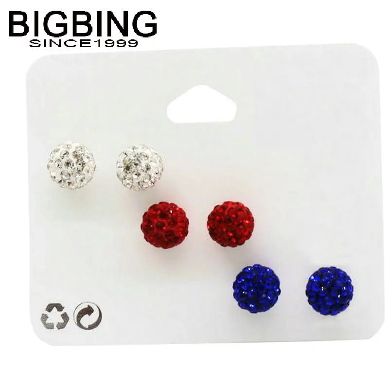 Женские серьги гвоздики V050 BIGBING комплект из 3 пар белый синий красный кристалл
