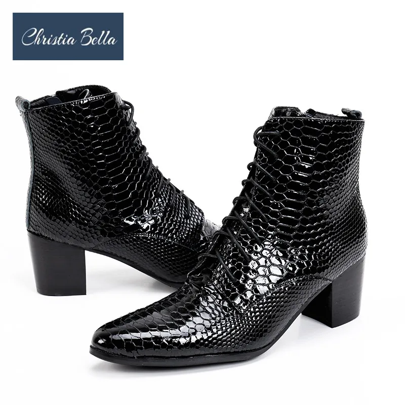 Christia Bella/модные мужские ботинки из натуральной кожи со змеиным узором; зимние мужские ботинки на высоком каблуке; ботинки в байкерском стиле на шнуровке - Цвет: Черный