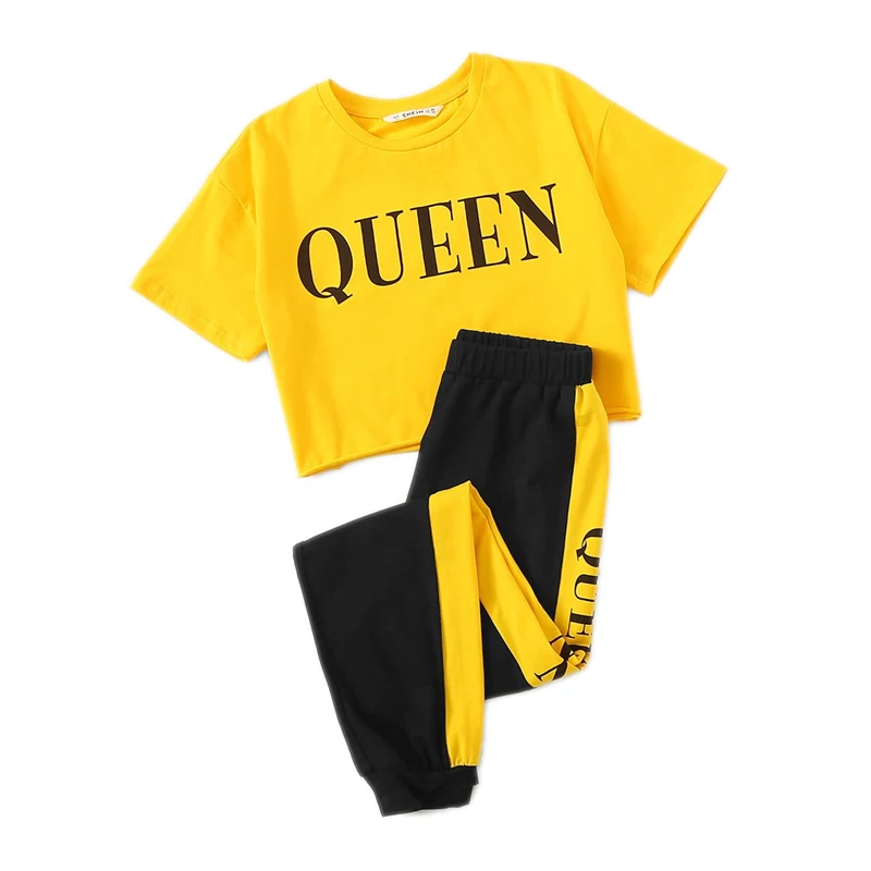 SHEIN/Детская футболка с буквенным принтом для девочек и спортивные штаны с контрастными боковыми вставками, повседневный комплект для детей, г. Летняя одежда для активного отдыха костюм с короткими рукавами, комплекты