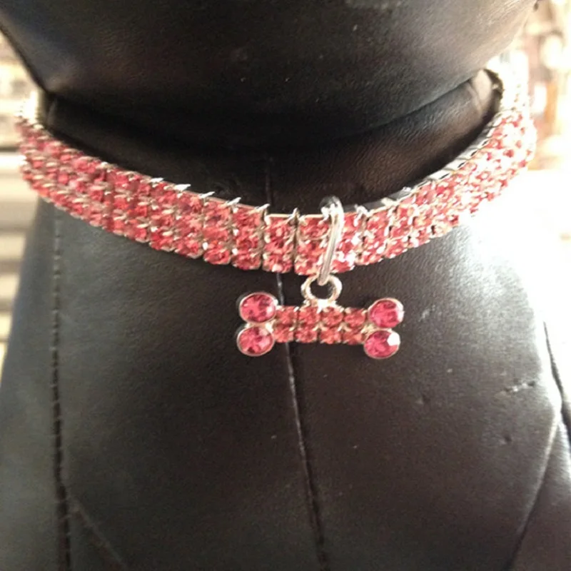 Dog Collar Pink Bone Zircon Rhinestone Crystal Princess Style Shining Chihuahua Bull Cat Blue Accessories | Дом и сад