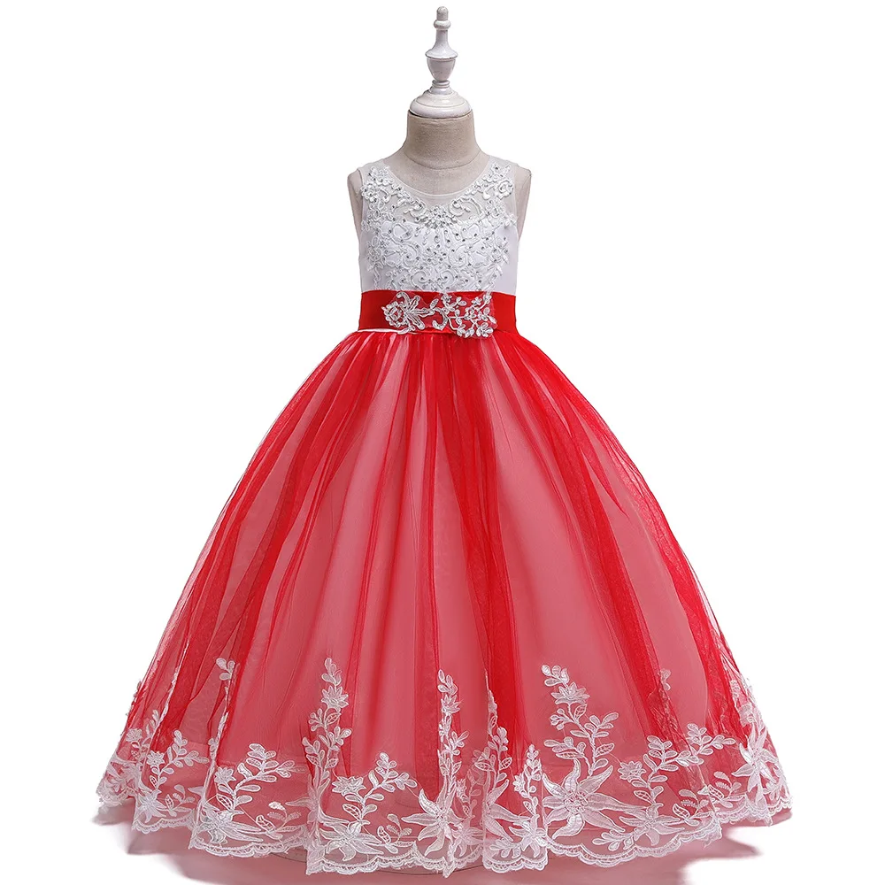 

Charming Ballgown Red Lace First Communion Dress For Girls Long Kids Princess Dress for Evening Party