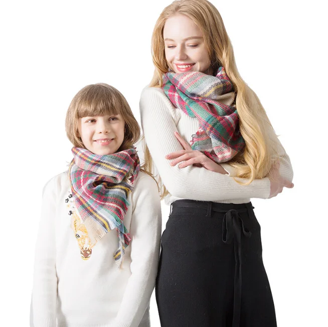 

Parent-child plaid triangle 2pcs/set scarf Imitation Cashmere pashmina women scarfs thick Dual shawl hijab poncho for ladies