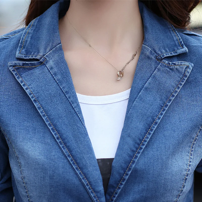 

Brand Long Sleeve Denim Coat Women Short Slim Single Button Stretch Jeans Jackets Spring Elegant Office Work Jaqueta Feminina