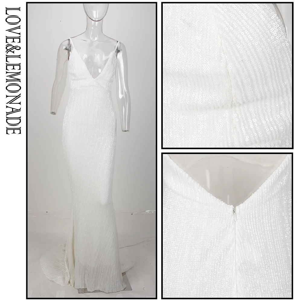

LOVE&LEMONADE Deep V-Neck White Open Back Fishtail Slim Elastic Sequins Long Dress LM80119