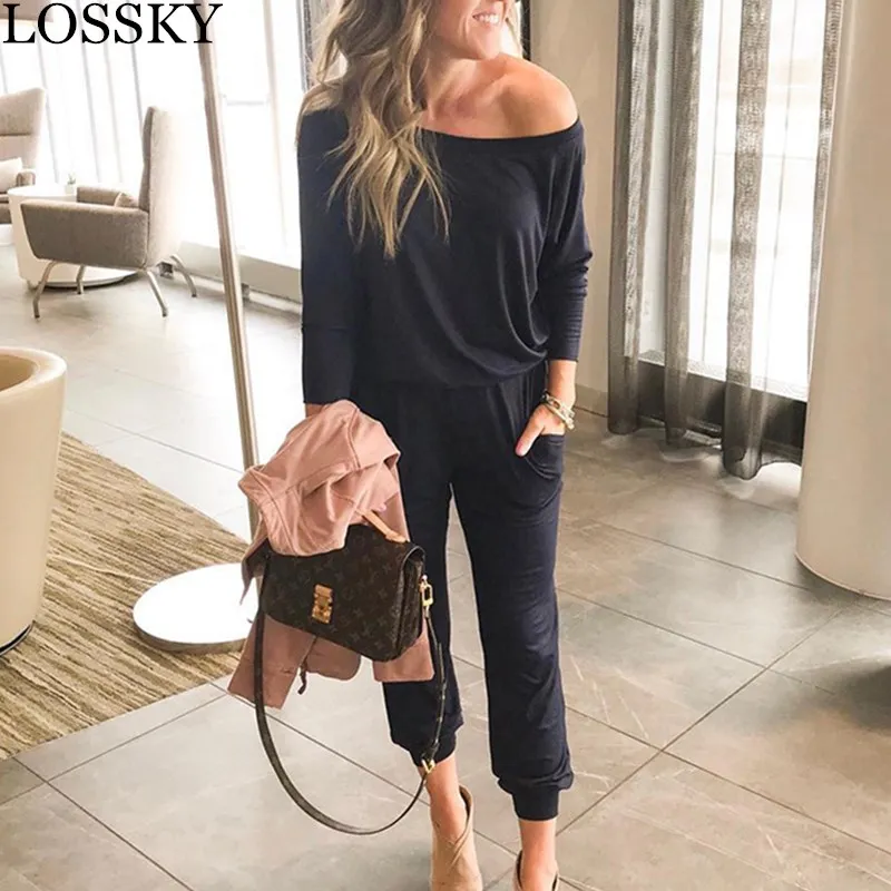 

Skew Collar Playsuits Sexy Long Sleeve Jumpsuits Casual Off Shoulder Pocket Elegant Women Autumn Rompers Playsuits Overalls 2019