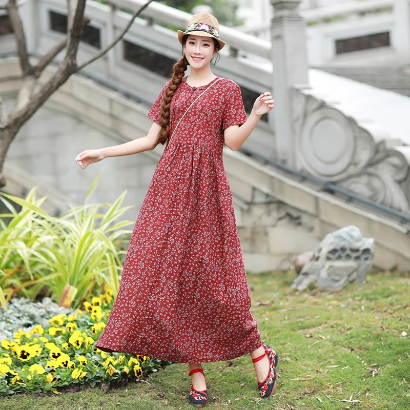 Summer Dresses Women Printed Indie Folk V-Neck Collar Frog Button Loose Short Sleeve Casual Female Ankle-Length Fashion | Женская одежда