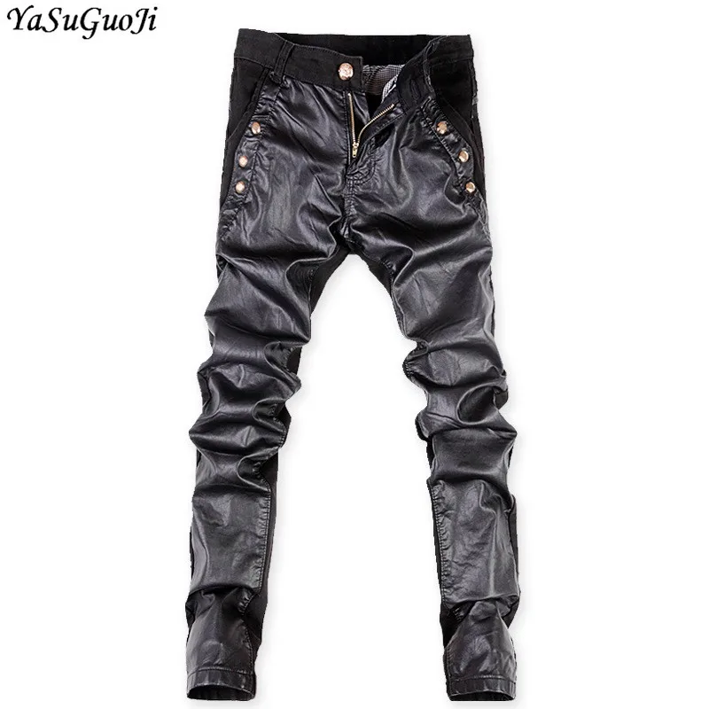 

YASUGUOJI New 2019 Streetwear Jean Men Pants Brand Motorbike Skinny Jeans Men Pu Leather Patchwork Black Stretch Jeans Men
