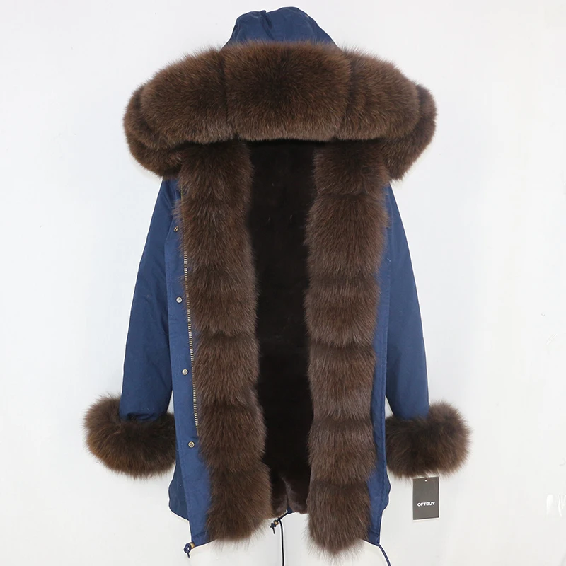 navy dark brown OFTBUY, зимняя женская куртка, пальто из натурального меха, Длинные парки, Воротник из натурального Лисьего меха, капюшон, Толстая теплая верхняя одежда, уличная одежда, съемная - Цвет: navy dark brown
