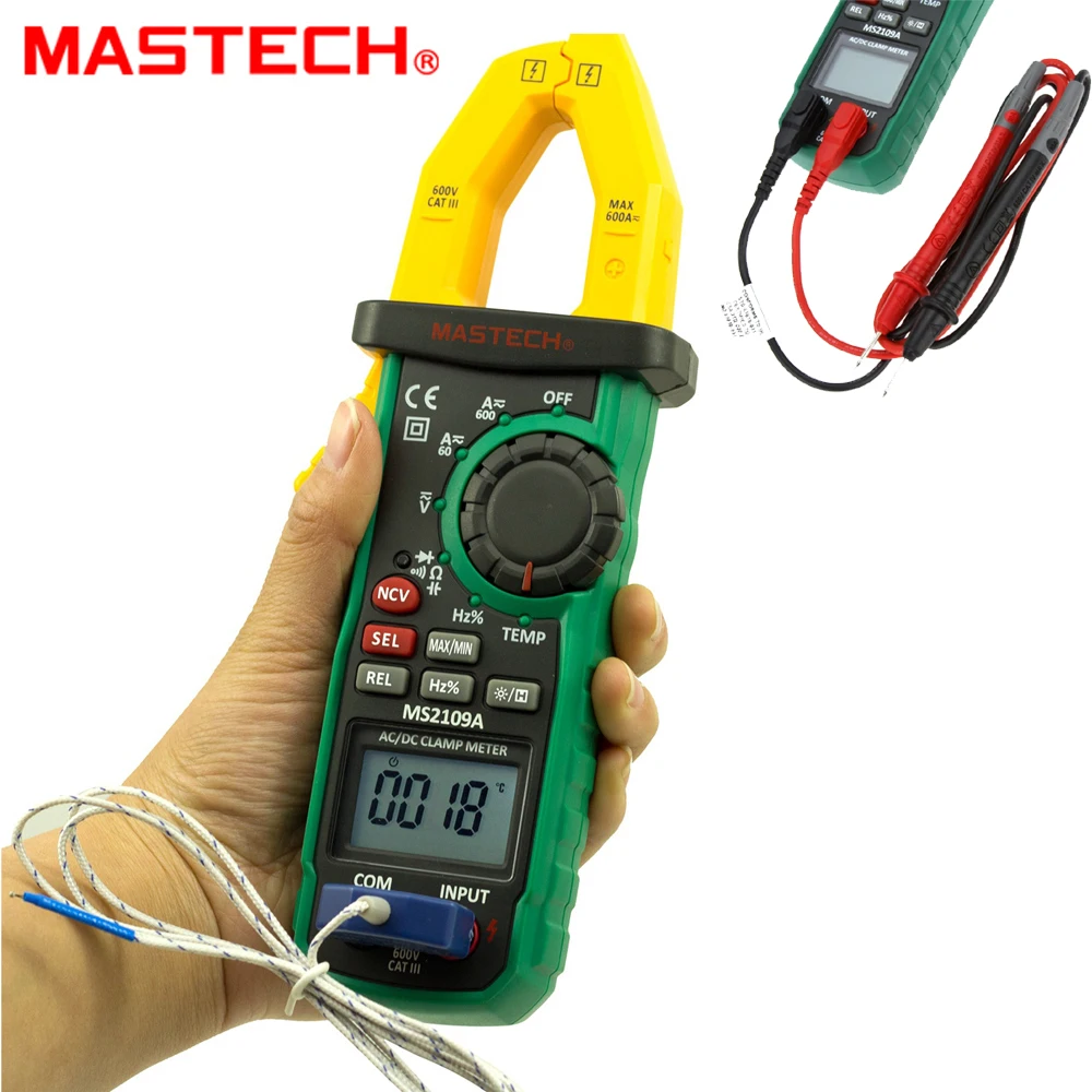 

Mastech MS2109A цифровой зажим постоянного и переменного тока с автоматическим выбором диапазона, 600 А, мультиметр, вольт, ампер, Ом, Гц, тестер темп...