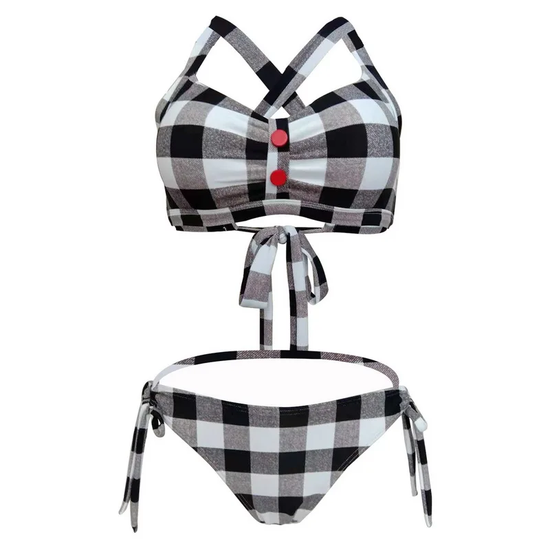 C-Bikini Set (1) Винтажный пуш-ап бикини Топ контрастный цвет клетчатый принт бикини бюстгальтер сексуальный женский бандаж из двух частей раздельный купальник синий красный черный - Цвет: C-Bikini Set (1)