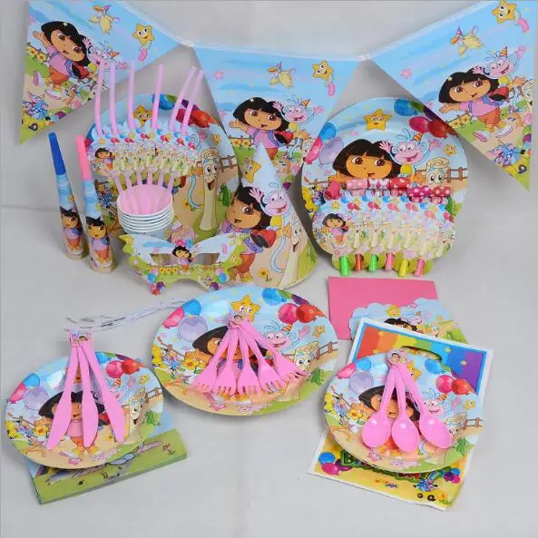 

Cute Girl Dora Theme Tableware Set Birthday Party Decoration Kid Faovr Balloon Napkin Cup Tablecloth Flag Straw Party Supplies
