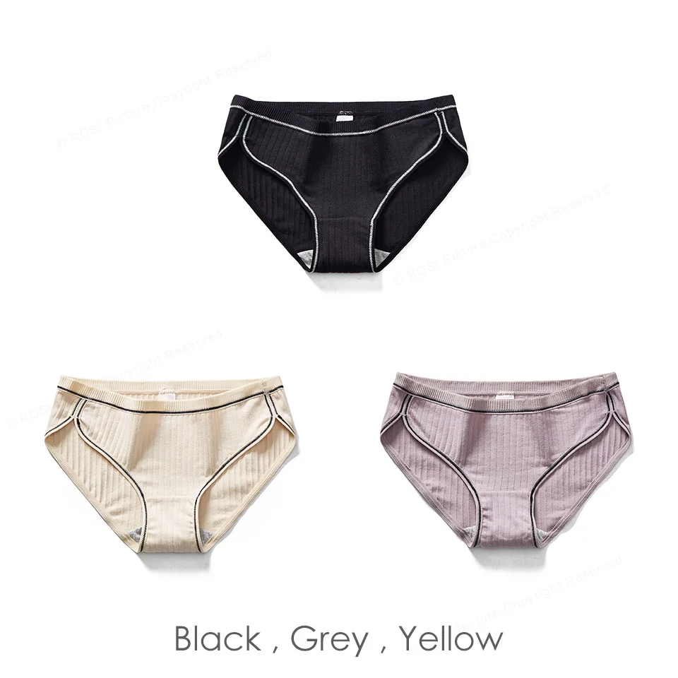 Black Grey Yellow 50S Combed Cotton Women's Pants Vintage Briefs Panties Solid Large Size Underwear Lingerie For Feamle Underpants Ladies 3pcsROSI - Цвет: Black Grey Yellow