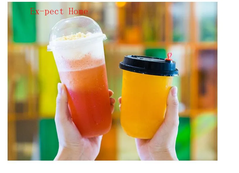 Taza de t&eacute; de leche con tapa de un solo uso, taza de grasa muda, taza de pl&aacute;stico en forma de U de 1000 ml, taza de jugo transparente creativa hecha a medida de PP, 700 Uds.-2