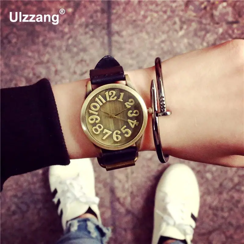 Модные Винтажные часы с большим номером и кожаным ремешком Кварцевые аналоговые