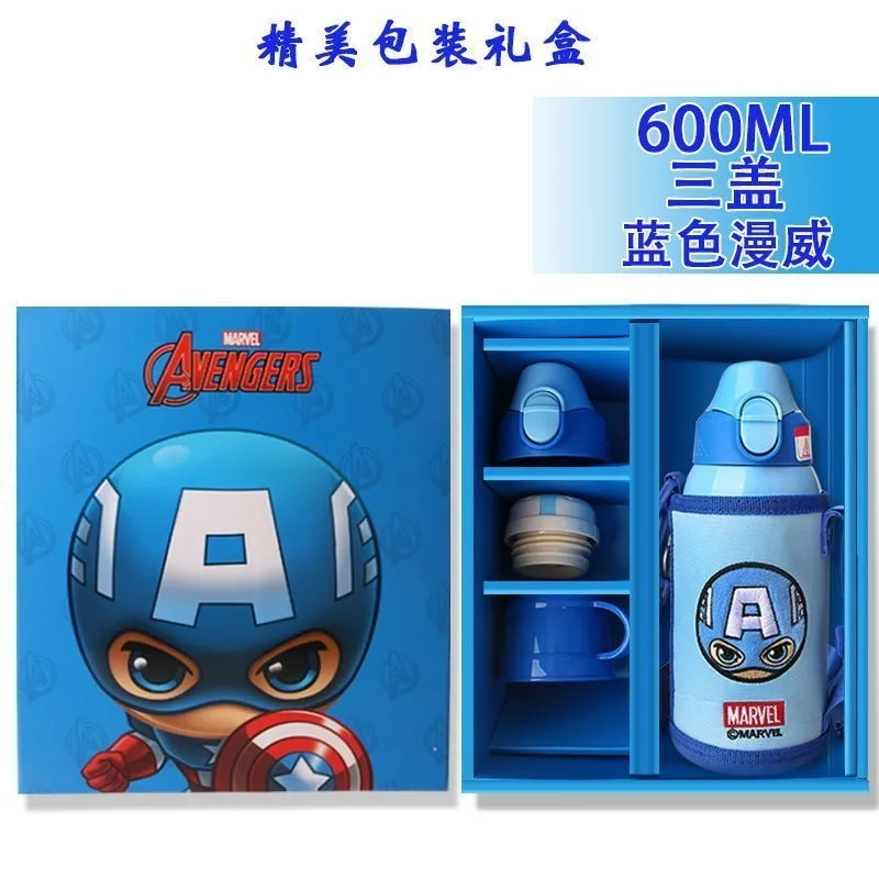 Captain America Disney disney детская бутылка для воды три крышки 600 мл прочный термос чашка с чашкой набор кружка с ремнем подарок Tazas ребенок чашка Сиппи - Цвет: Captain America