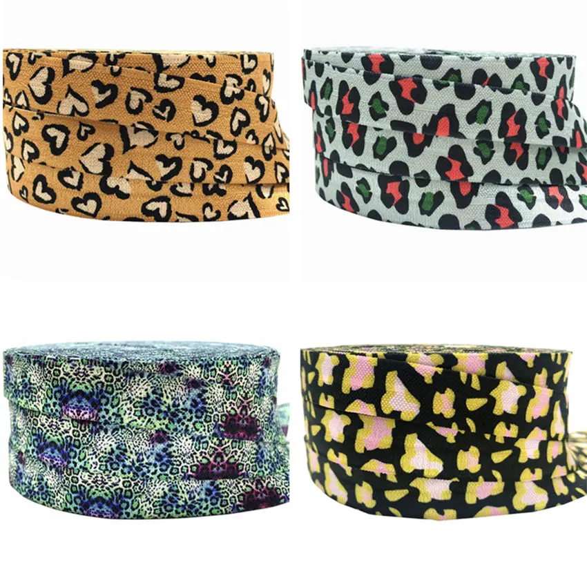 

Leopard love Heart Print Fold Over Elastic FOE Ribbon Headwear Party Gift Packaging Sewing Home Decoration Accessories 10Y 5/8'