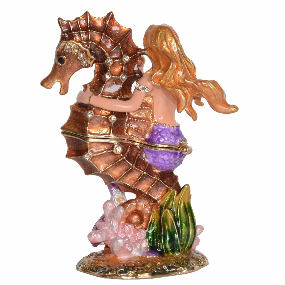 

Enameled Mermaid Riding Seahorse Trinket Jewelry Box Crystal Bejeweled Nautical Decor Ornament Gifts