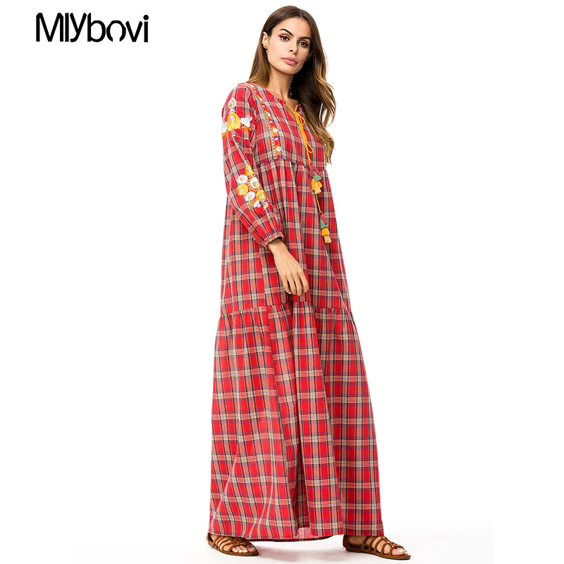 Женское красное Плед мусульманского платья 2018 Ретро Дубай Abaya мусульманские