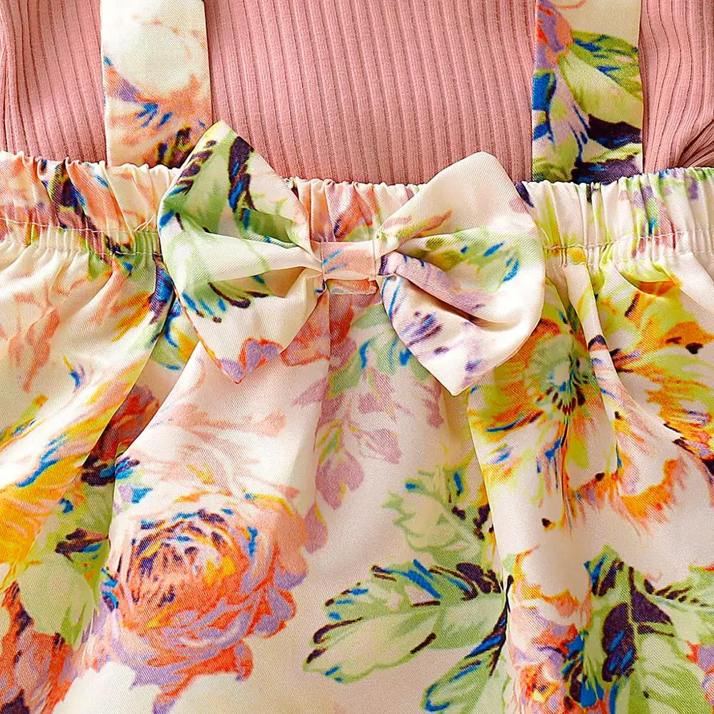 Комплект одежды для девочек розовая рубашка и юбка с цветочным принтом бантом