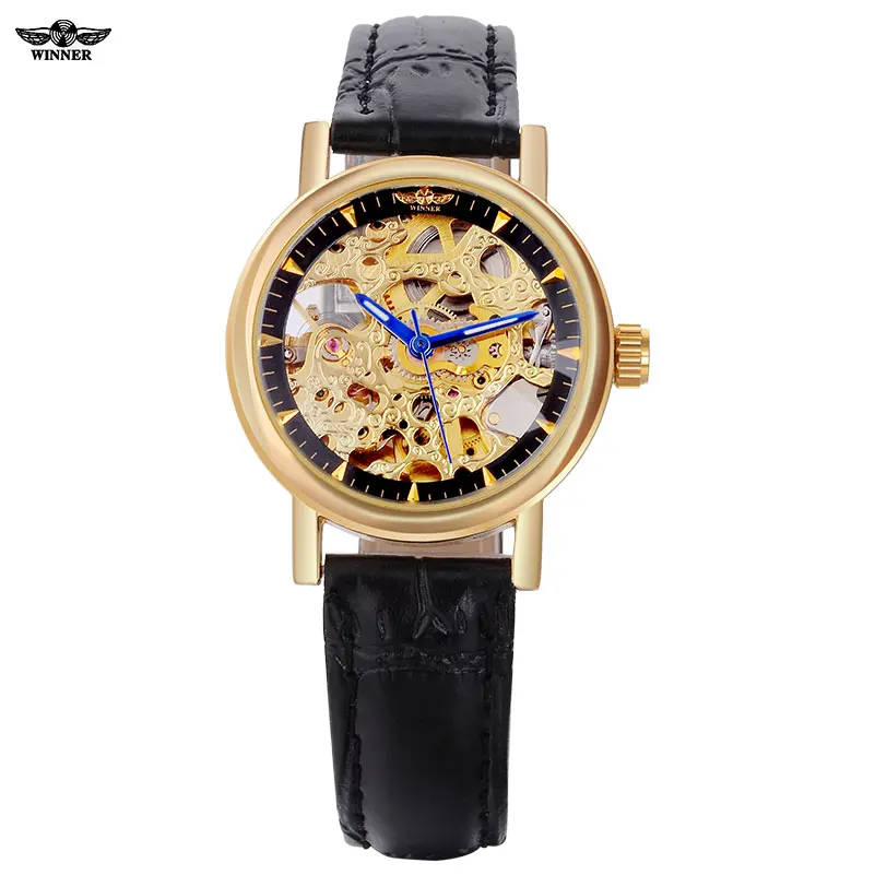 

2016 WINNER watches women lady luxury brand skeleton automatic mechanical wristwatches artificial leather band relogio feminino