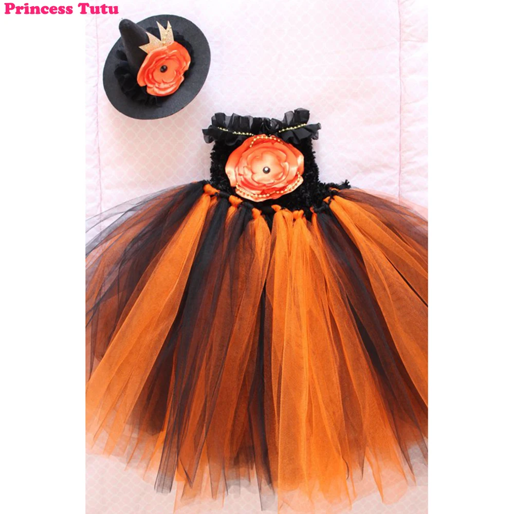 Halloween Thanksgiving Witch Tutu Dress Costume with Hat Orange Black Pumpkin Evil Sorceress Cosplay Clothes For Photos |