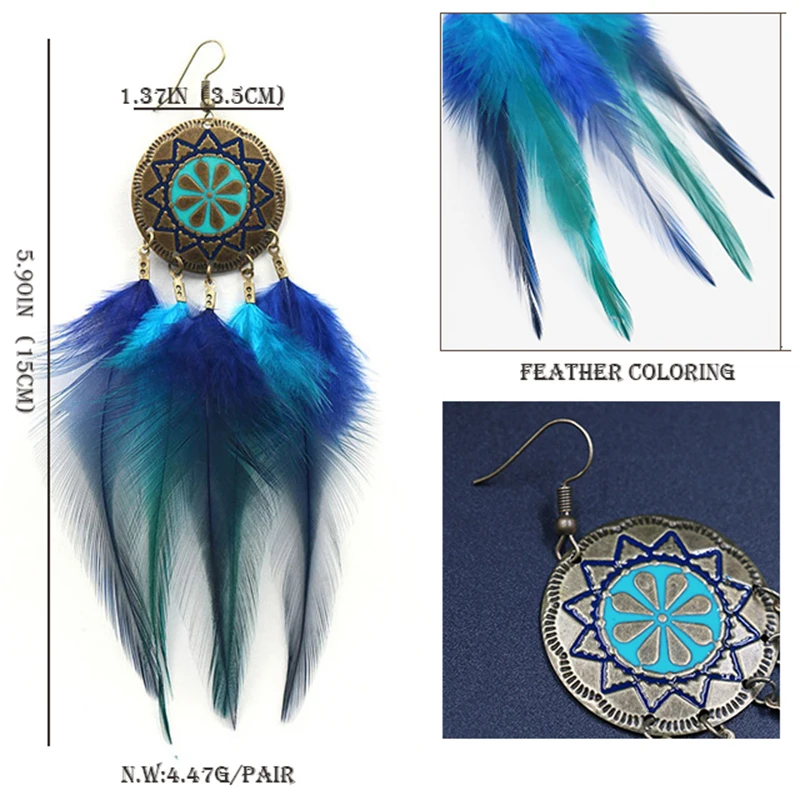 Boho серьги длинные висячие из перьев классный подарок Винтаж ручной работы