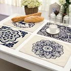 Коврик для обеденного стола с синим и белым фарфоровым узором, подставка для чашек, коврики из хлопка и льна, размер 42*32 см, домашний декор, MC0034, 1 шт.