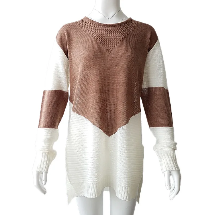 2018 New Autumn Winter Knitted O-neck Women Sweaters Long Sleeve Split Pullovers patchwork vestidos Light Cooked elegant 66653P | Женская