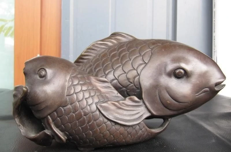 China Fokh Classic Pure Bronze Copper Fengshui Carved Two cyprinoid Fish Statue | Дом и сад