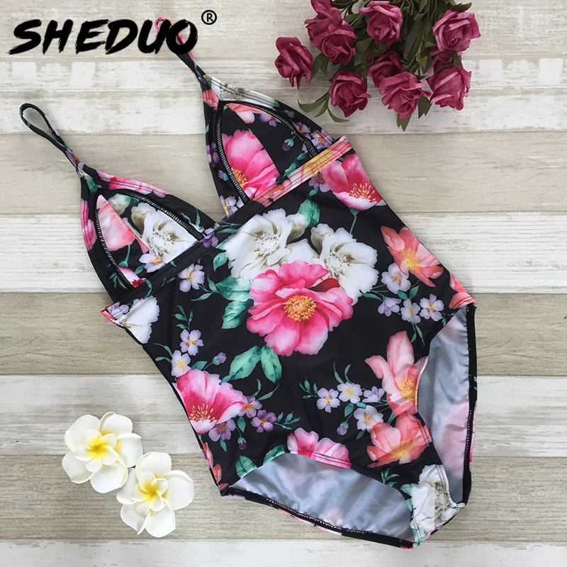  купальник женский Цветочный принт Монокини Глубокий V ванный комплект тонкие бретели Biquini купальный костюм спинки Купальные костюмы ж…