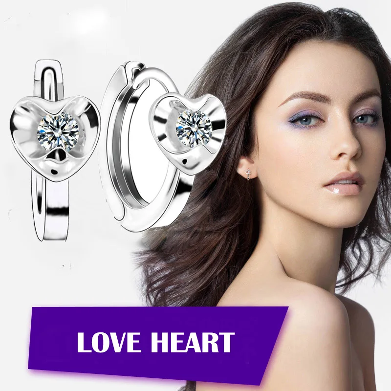Модные женские серьги гвоздики с сердечком и роскошным кристаллом серебристого