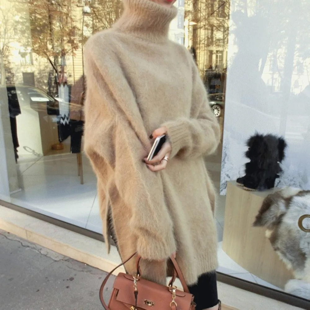 Fuzzy Angola Sweater Coat Female Temperament Loose Bat Sleeve Mink Cashmere Turtleneck Sweater Custom Size Free Shipping Z317