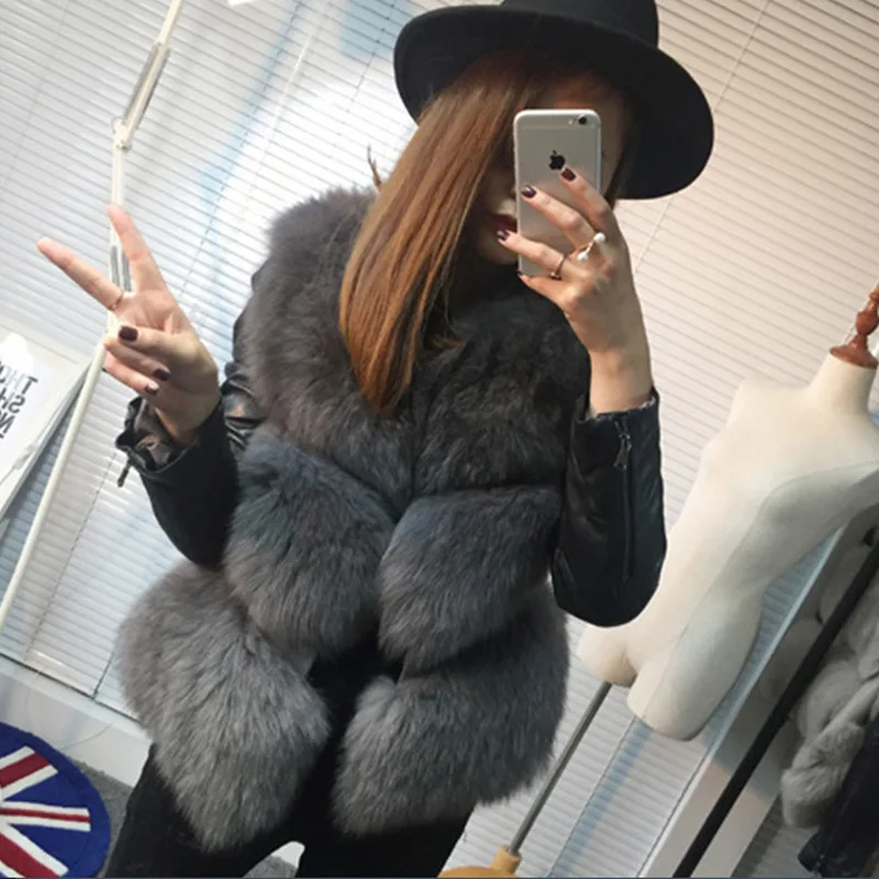 Removable Sleeves 2019 Imitation Fox Fur Patchwork Vest Coat Winter Women Wool Leather Sleeve Thick Faux Jacket D1074 | Женская одежда