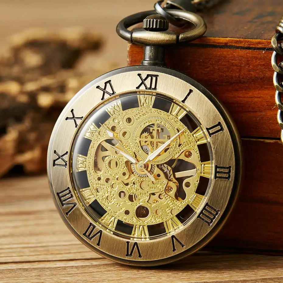 

Часы мужские механические карманные, Уникальные ретро-часы с бронзовым полым циферблатом и римскими цифрами, в стиле стимпанк, с ручным зав...