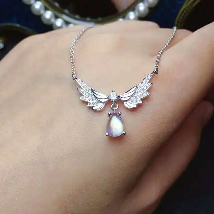 Fidelity natural 5*7mm moonstone (lovers of stone) pendants s925 sterling silver wing fine jewelry for women party blue gemstone | Украшения