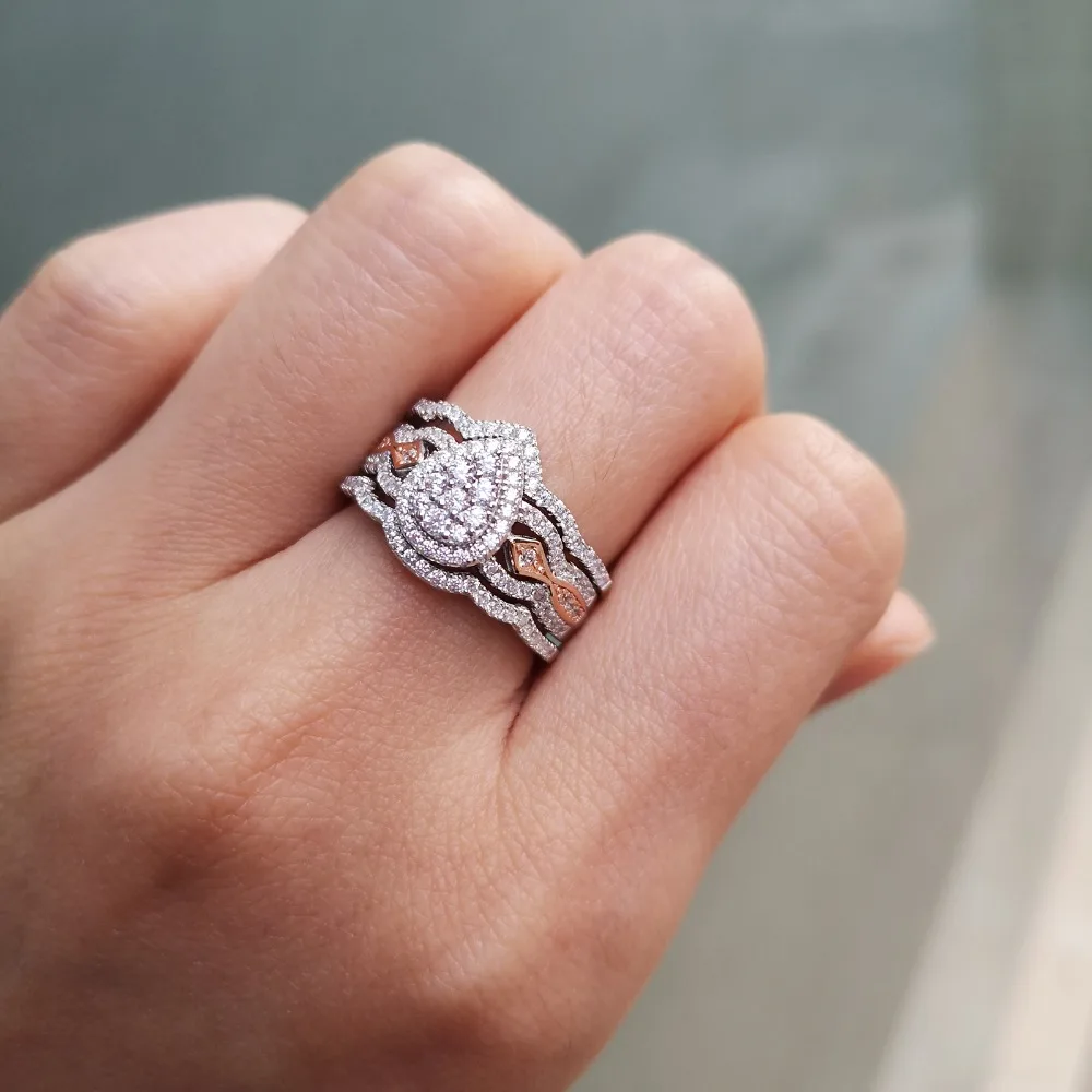 Newshe, 3 шт., 925 пробы, серебряные Свадебные кольца для женщин, 1,3 Ct, двойная груша, форма AAA CZ, обручальное кольцо, набор, модные ювелирные изделия