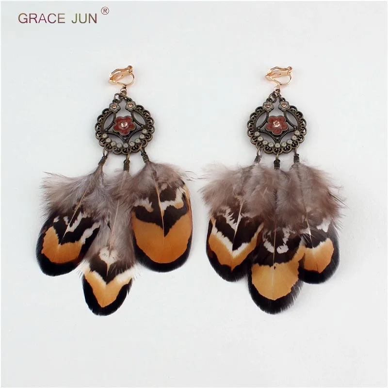 

GRACE JUN Top Quality Big Water Drop Shape Pheasant Feather Clip on Earrings and Pierced Earrings Charm Vintage Flower Earrings