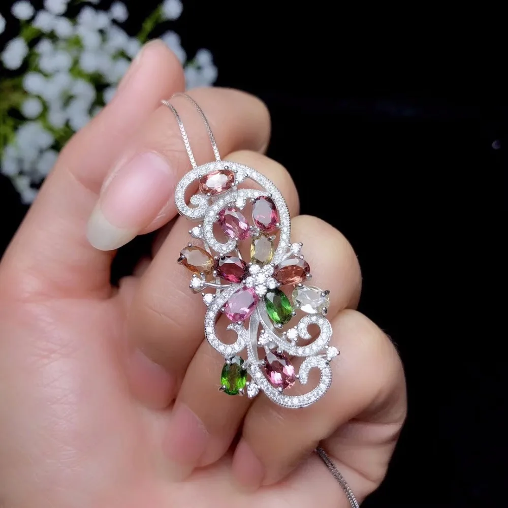 Dual-use style natural tourmaline brooch beautiful colors 925 silver gemstones certificate | Украшения и аксессуары