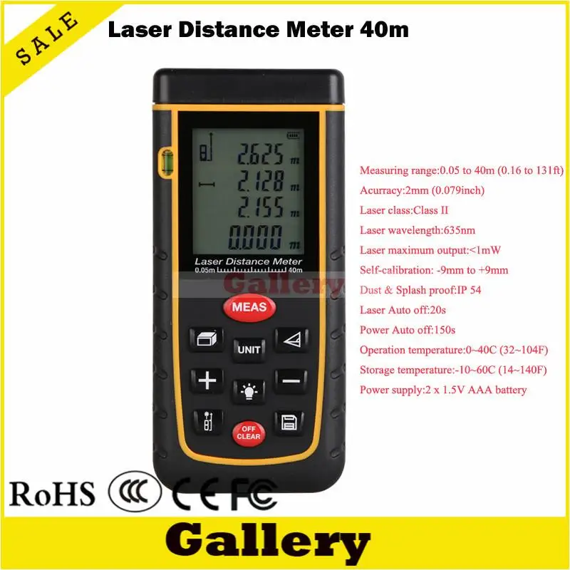

distance meter 40m Laser distance meter with bubble level Rangefinder RZA40 Range finder Tape measure Area/Volume m/ft/in Tool
