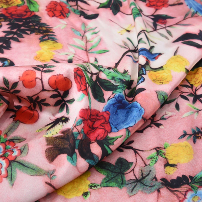 

108CM Wide 19MM Floral Print 90% Silk 10% Lycra Stretch Orange Pink Silk Satin Fabric for Dress Cheongsam Pant Shirt H532