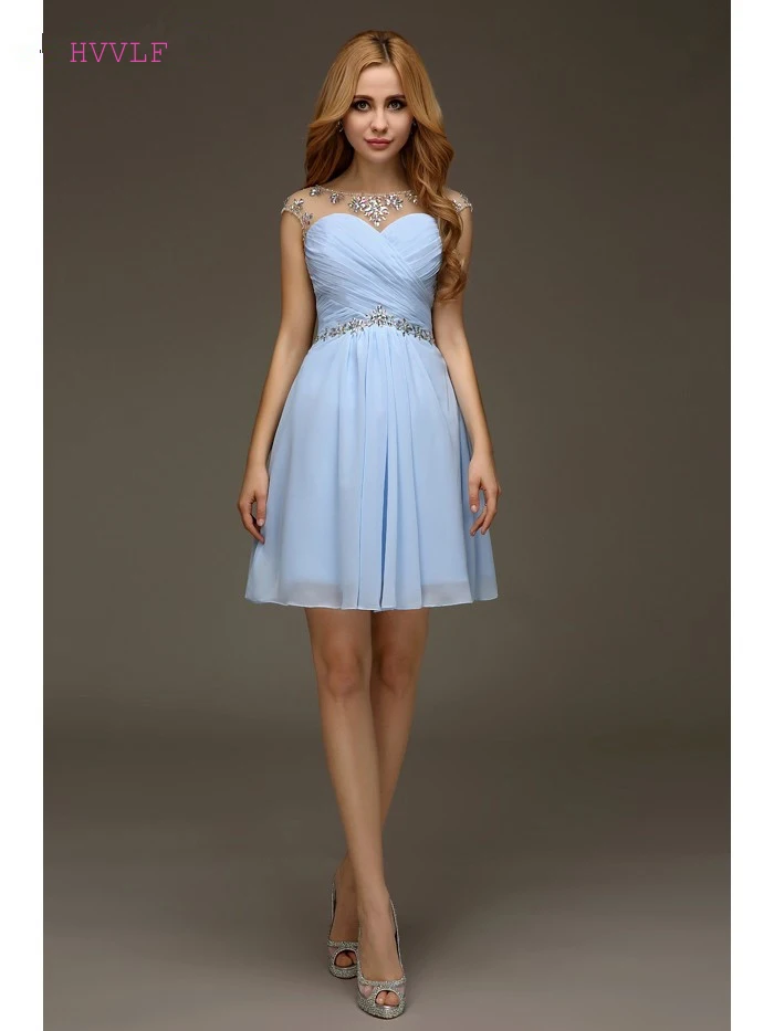 

Sky Blue Homecoming Dresses A-line Cap Sleeves Chiffon Beaded Crysals Backless Elegant Cocktail Dresses