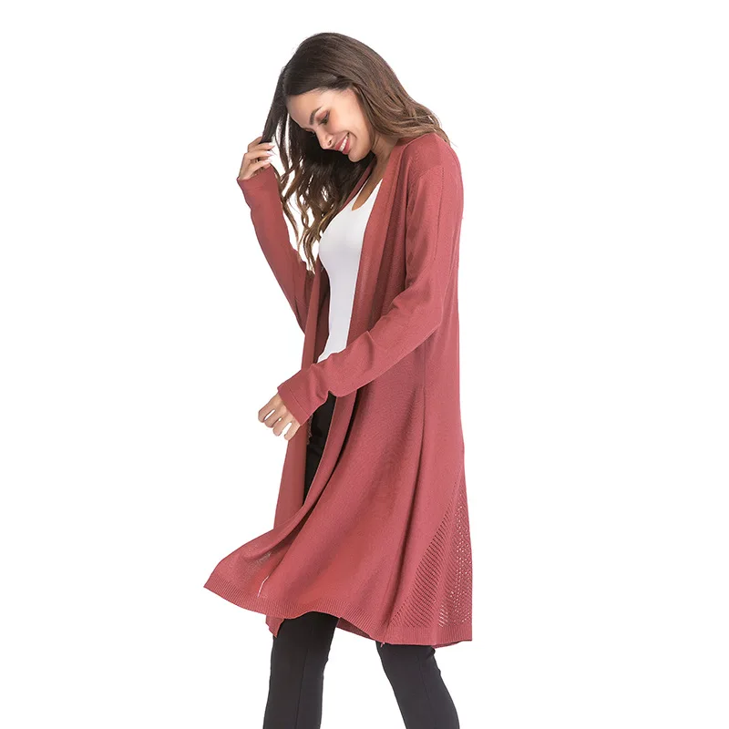 new long sweater cardigan four-color hollow thin women's solid color drape coat |