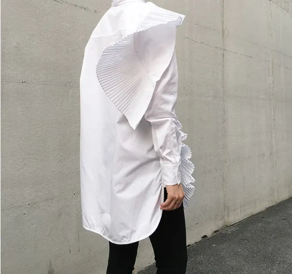 2019 Spring New Women Irregular Shirt Casual Fashion Pleated Decorative White Blouses Female Design Clothing fw245 |