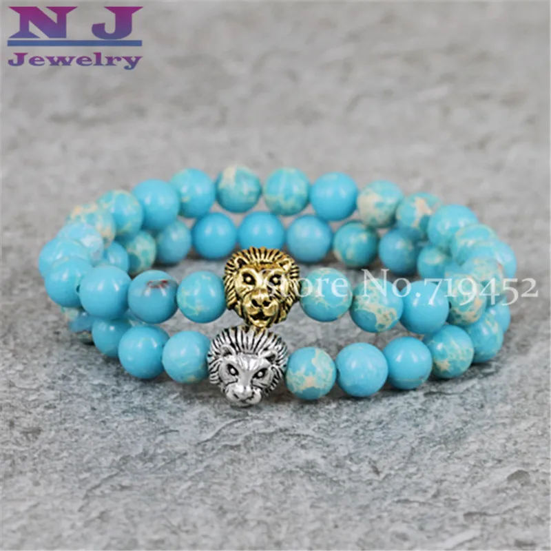 

2015 Hot Sale Mens Jewelry Wholesale 8mm Blue Sea Sediment Stone Beads Antique Silver and Gold Lion Bracelets Party Gift