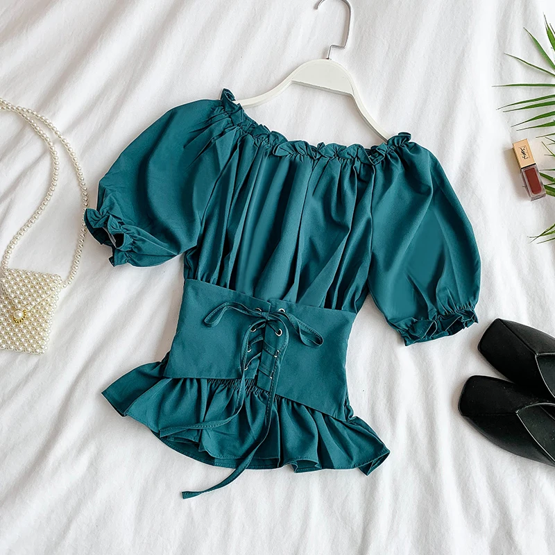 OCEANLOVE Solid Puff Sleeve Short Blouse Women Slash Neck Off Shoulder Top Shirt 2020 Summer Belt Lace Up Korean Blusas 11890 |