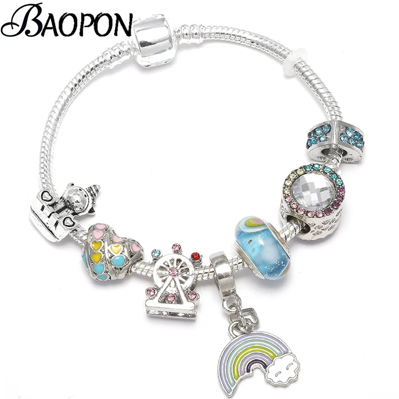 BAOPON аутентичный серебряный цвет браслет с единорогом Радуга любви бусы