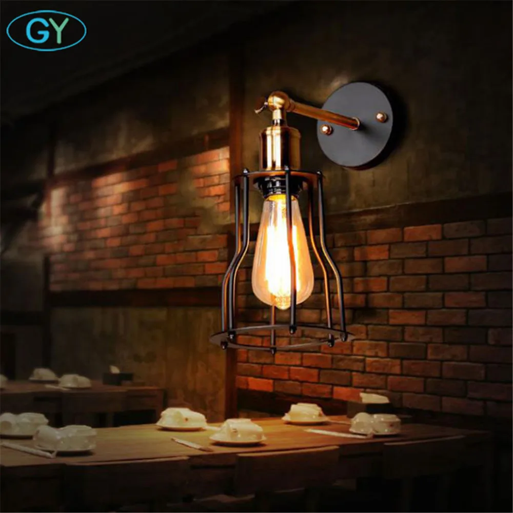 

AC100-240V Industrial Edison Vintage Cage Wall Mount Lighting Iron Brass Head Wall Sconce Lighting applique murale luminaire