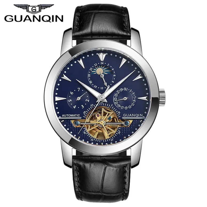 Оригинал GUANQIN Автоматические Механические Tourbillon Часы Мужчины Кожаный Ремешок