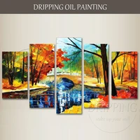 top artist hand painted high quality 5 piece palette knife scenery oil painting on canvas colorful landscape bridge oil painting